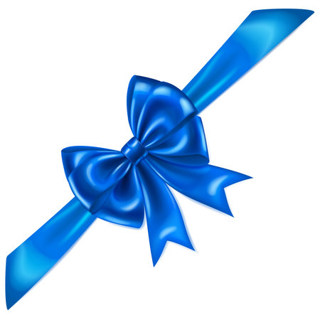 Beautiful large blue shiny bow with diagonal ribbon and soft shadow on white background.のイラスト素材