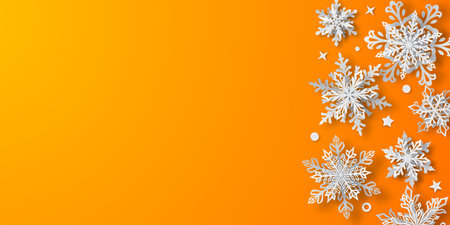 Christmas illustration with beautiful white complex snowflakes with soft shadows on yellow backgroundのイラスト素材