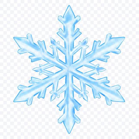 Large complex translucent beautiful Christmas snowflake in light blue colors, isolated on transparent background. Transparency only in vector formatのイラスト素材