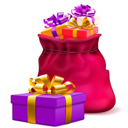 Vibrant purple gift box with a gold ribbon, placed next to a red Christmas bag filled with presents.のイラスト素材
