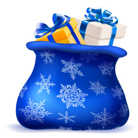 Blue Christmas bag with a snowflake pattern, containing several gift boxes with a bows, on white background.のイラスト素材