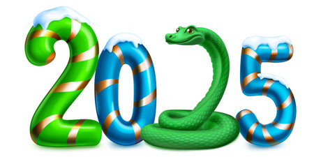 Large stylized number 2025 sprinkled with snow on top, with a festive Christmas design reminiscent of a candy cane, and a green snake instead of 2, with soft shadow, on a white background.のイラスト素材