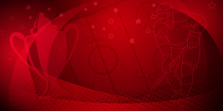 Hockey themed background. Vibrant red illustration with a hockey player and a trophy.のイラスト素材