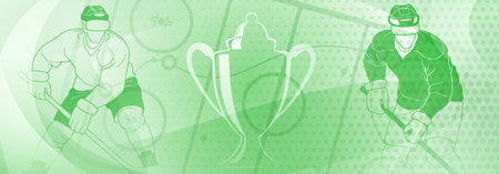Hockey themed background. Digital illustration featuring two athletes and a trophy, set against a green background with abstract shapes and patterns.のイラスト素材