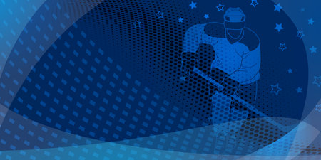 Hockey themed background in blue. Digital illustration featuring a hockey player on ice, surrounded by stars and a dotted patterns.のイラスト素材