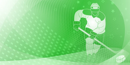 Hockey themed background in green. Stylized graphic with a hockey player holding a stick and a puck, set against a green background with a stars and dots.のイラスト素材
