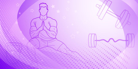 Purple fitness themed background. Colorful illustration of a person with their hands clasped together, appearing to be meditating or resting, set against a backdrop with sports symbols.のイラスト素材