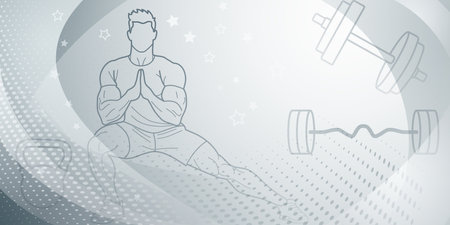 Gray fitness themed background. Stylized illustration of a person sitting in a meditative pose with their hands clasped together, surrounded by various exercise equipment such as dumbbells.のイラスト素材