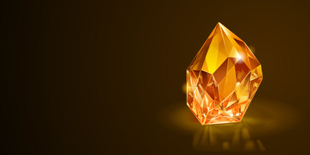 Single, shiny, golden-yellow crystal with facets that catch and refract the light, set against a dark background.のイラスト素材