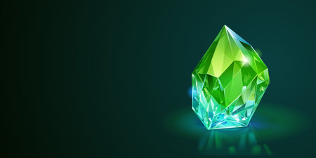 Vibrant, faceted gemstone with a luminous green hue set against a dark background, highlighting its sparkling surface and intricate cuts.のイラスト素材