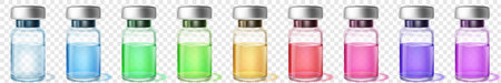Set of glass vials, each containing a different colored liquid, arranged in a row, with metal caps on top. Isolated on transparent background. Transparency only in vector format.のイラスト素材