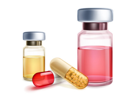 Two vials with liquids and two pills, one red and one yellow with drug granules inside, with shadows on a white background.のイラスト素材