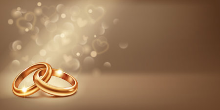 Two intertwined elegant, shiny, polished gold wedding rings lying on a softly lit background, symbolize love and unity. Little heart shapes are flying around, creating a romantic atmosphere.のイラスト素材