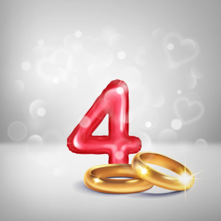 A red number 4 in the form of an inflatable balloon with two gold wedding rings, symbolizing the celebration of the fourth wedding anniversary, love and unity, set on a light background with small hearts flying around.のイラスト素材