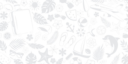 Illustration combines many elements such as lush palm leaves, tropical flowers, airplane, dolphin, sun, suitcase, and other travel symbols, all in harmonious shades of gray.のイラスト素材