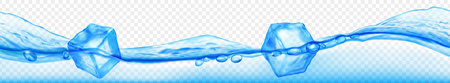 Three translucent ice cubes floating in water with waves, isolated on transparent background. Horizontal banner in light blue colors. Transparency only in vector format.のイラスト素材