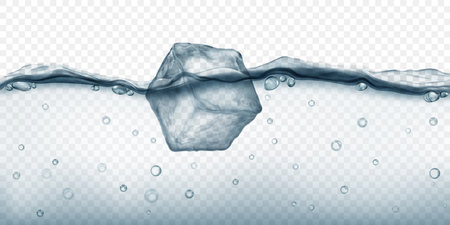 Large translucent gray ice cube floating in water with air bubbles, isolated on transparent background. Transparency only in vector format.のイラスト素材