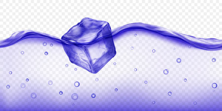 Large translucent blue ice cube floating in water with air bubbles, isolated on transparent background. Transparency only in vector format.のイラスト素材