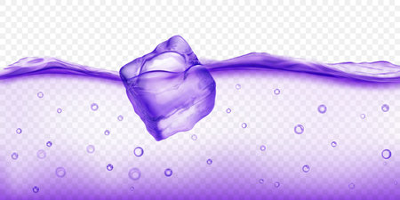 Large translucent purple ice cube floating in water with air bubbles, isolated on transparent background. Transparency only in vector format.のイラスト素材