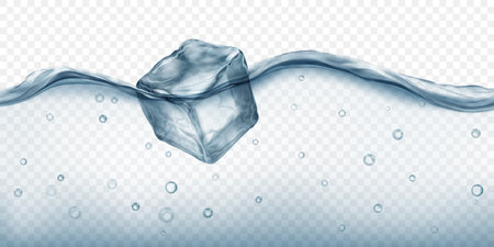 Large translucent gray ice cube floating in water with air bubbles, isolated on transparent background. Transparency only in vector format.のイラスト素材