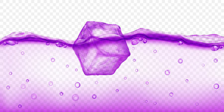 Large translucent purple ice cube floating in water with air bubbles, isolated on transparent background. Transparency only in vector format.のイラスト素材
