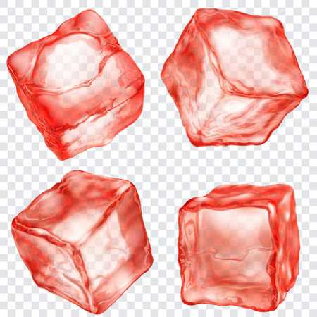 Set of four realistic translucent ice cubes in red colors, isolated on a transparent background. Transparency only in vector format.のイラスト素材