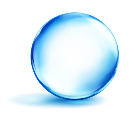 Large translucent smooth blue sphere with highlights and soft shadow underneath, on white background. Vector illustration for design projects and creative works.のイラスト素材