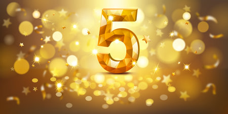 Golden number 5 with a faceted, gem-like appearance, set against a warm, golden background filled with soft bokeh lights and scattered golden stars, creating a festive and celebratory atmosphere.のイラスト素材