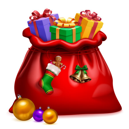 A classic red Santa sack brimming with wrapped gifts in purple, green, and gold, adorned with bows. Hanging from the sack are a Christmas stocking, and golden bells. Shiny baubles rest at its base.のイラスト素材
