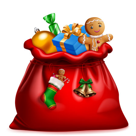 A classic red Santa sack brimming with a blue gift box, a golden bauble, candy, and a large gingerbread man. Hanging from the sack are a stocking and bells. On white background.のイラスト素材