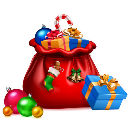 A vibrant red Santa sack filled with colorful presents, shiny baubles, bells, and a candy cane. A blue gift box sits beside it. On white background.のイラスト素材