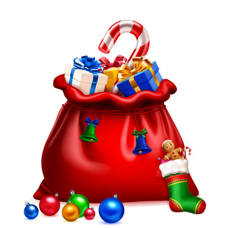 A large red Santa sack, filled with wrapped presents in white, yellow, and blue, topped by a striped candy cane. Two bells, one green and one blue, hang from the sack. On white background.のイラスト素材