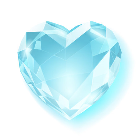 A bright light blue, heart-shaped diamond with faceted surface and soft glow on white background.のイラスト素材