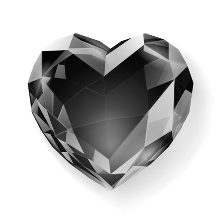 A black diamond in the shape of a heart, with a faceted surface and subtle shading, is centered on a plain white background, creating a striking visual contrast.のイラスト素材