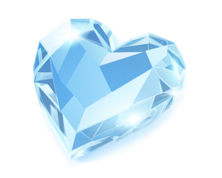 A digitally illustrated heart-shaped diamond with various shades of blue, reflecting light on its numerous facets, set against a white background.のイラスト素材