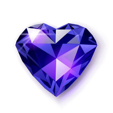 A heart-shaped blue gemstone with multiple facets, reflecting light, on a white background with a subtle shadow.のイラスト素材