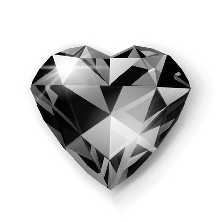 A digitally illustrated black diamond cut into a heart shape, with various facets reflecting light, set against a plain white background with subtle shadowing.のイラスト素材