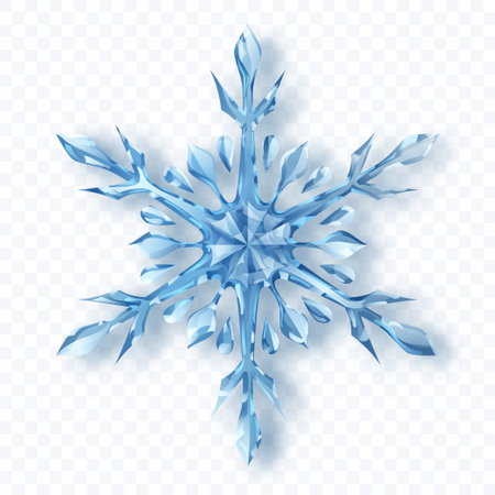 A complex snowflake with crystalline facets in shades of blue with soft shadow on a transparent background. Transparency only in vector format.のイラスト素材