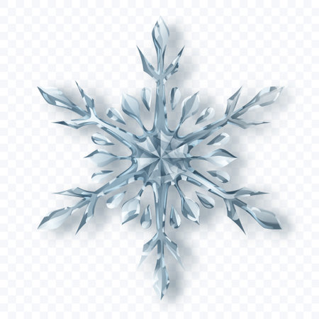 A complex snowflake with crystalline facets in shades of silver and white with soft shadow on a transparent background. Transparency only in vector format.のイラスト素材