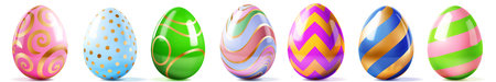 Set of shiny easter eggs with various colorful patterns and gold accents on white background with soft shadows.のイラスト素材