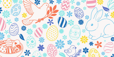 Pastel-colored Easter background with eggs, bunny, bird, flowers, and leaves in shades of pink, blue, yellow, and orange on a white background.のイラスト素材