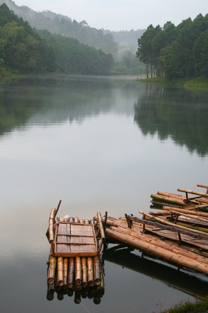 Bamboo raft on the lakeの写真素材