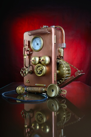 Phone on a red background  Style Steampunk  の写真素材