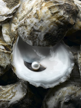 A shiny pearl in an oyster shellの写真素材
