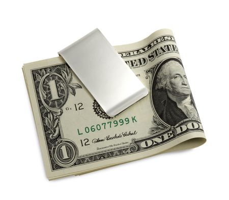 Silver money clip holding dollar billsの写真素材