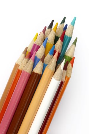 Group of color pencils shot on angle with white background and soft shadow, includes space for copyの写真素材