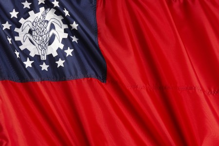 Close up shot of wavy flag of Myanmar_Burmaの写真素材