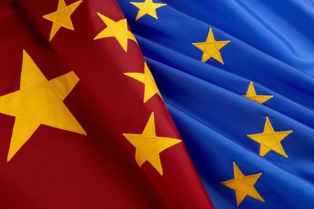 Chinese and European Union flags shot together, close-upのeditorial素材