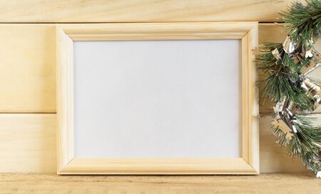 Christmas horizontal mock up of wooden frame for photos