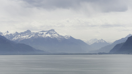 Mountains along the lakeの写真素材